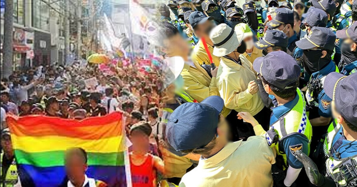 대구퀴어문화축제에 참가한 시민들(왼쪽), 경찰과 대치하는 대구시 공무원(오른쪽)